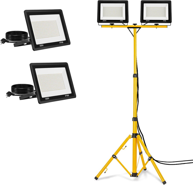 AufuN LED Baustrahler 2x 200W mit Stativ Doppel Strahler Kaltweiss LED Fluter Floodlight inkl. 3M Ka