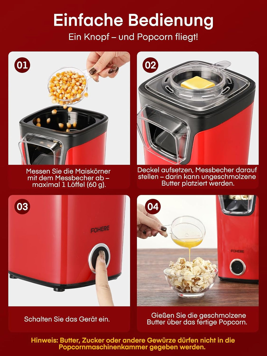 FOHERE Heissluft Popcornmaschine, 1100W Popcorn Maker Maschine, Mit Messbecher, Transparente Abdecku