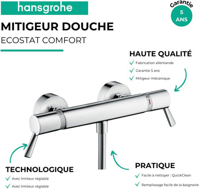 hansgrohe Ecostat Comfort Care Aufputz Duschthermostat, für 1 Funktion, extra lange Griffe, Chrom Br