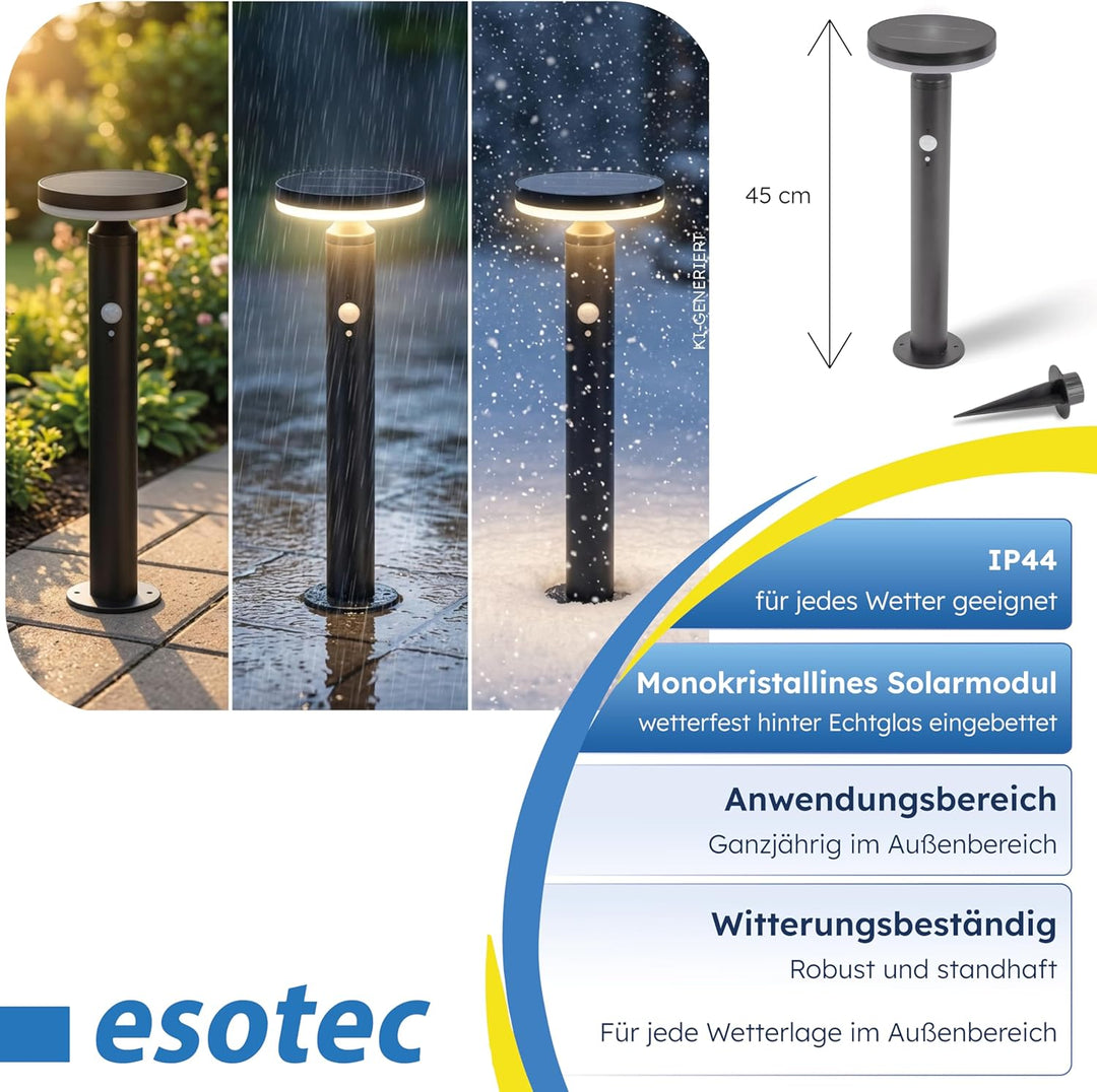 esotec Solar Gartenbeleuchtung Aussenlampe mit Bewegungsmelder Ribolla, H=45, 36 LEDs warmweiss 3000