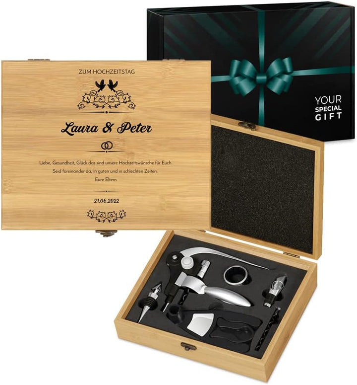 Maverton Weinöffner-Set personalisiert Weinset Sommelier Set - Geschenkbox Holzbox + 6er Weinzubehör