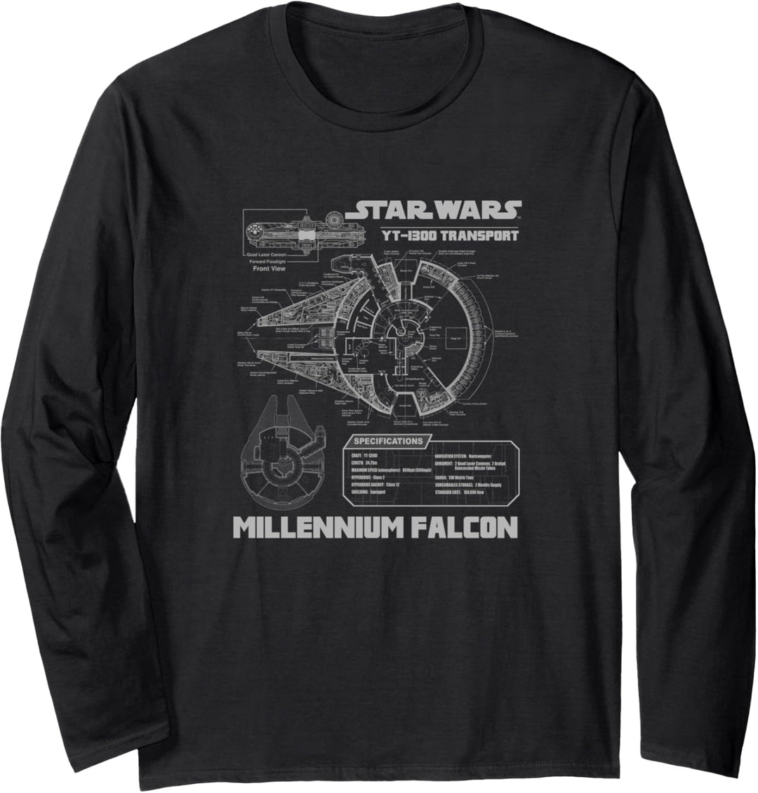 Star Wars Millennium Falcon Grey Schematics Langarmshirt
