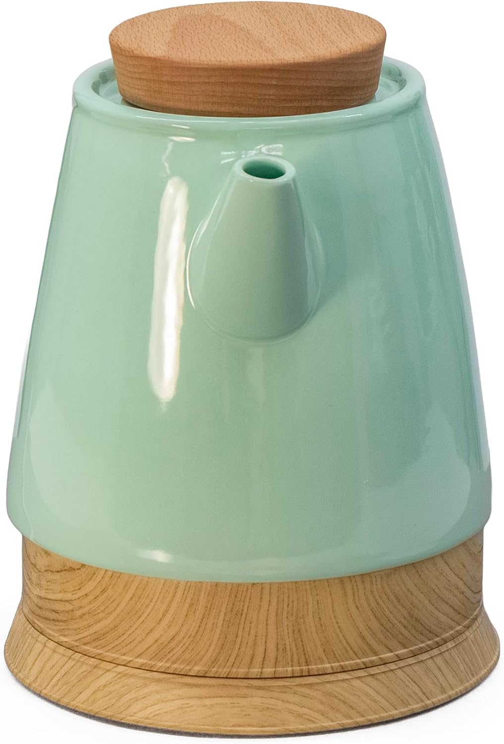 Elektrischer Keramik Wasserkocher 1,5L mint/holz – mit echtem Holzdeckel, 360° drehbarer Sockel, LED