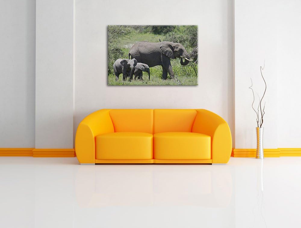 friedliche Elefantenfamilie Leinwand, XXL riesige Bilder fertig gerahmt mit Keilrahmen, Kunstdruck a