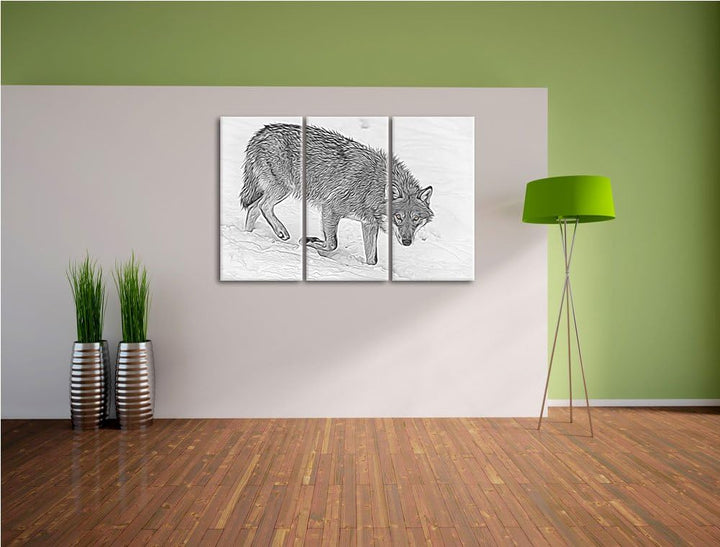seltener Wolf im Schnee schwarz/weiss Deluxe 3-Teiler Leinwandbild 120x80 Bild auf Leinwand, XXL rie