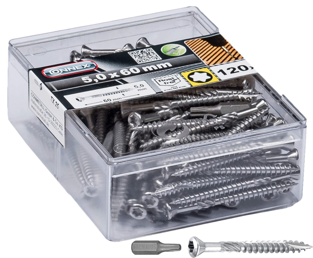 Connex Terrassenschrauben 5,0 x 60 mm - 120 Stück - Mit Bohrspitze & Schneidkerbe - Senkkopf - TX-An