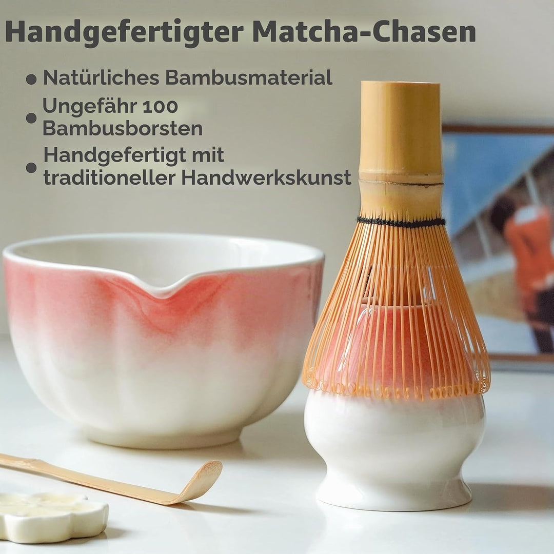 Premium Matcha Set 7-teilig – Exklusives Teezeremonie-Set mit Bambus-Chasen (Besen),Rosa Keramik-Sch