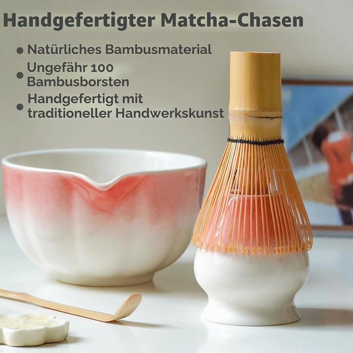 Premium Matcha Set 7-teilig – Exklusives Teezeremonie-Set mit Bambus-Chasen (Besen),Rosa Keramik-Sch
