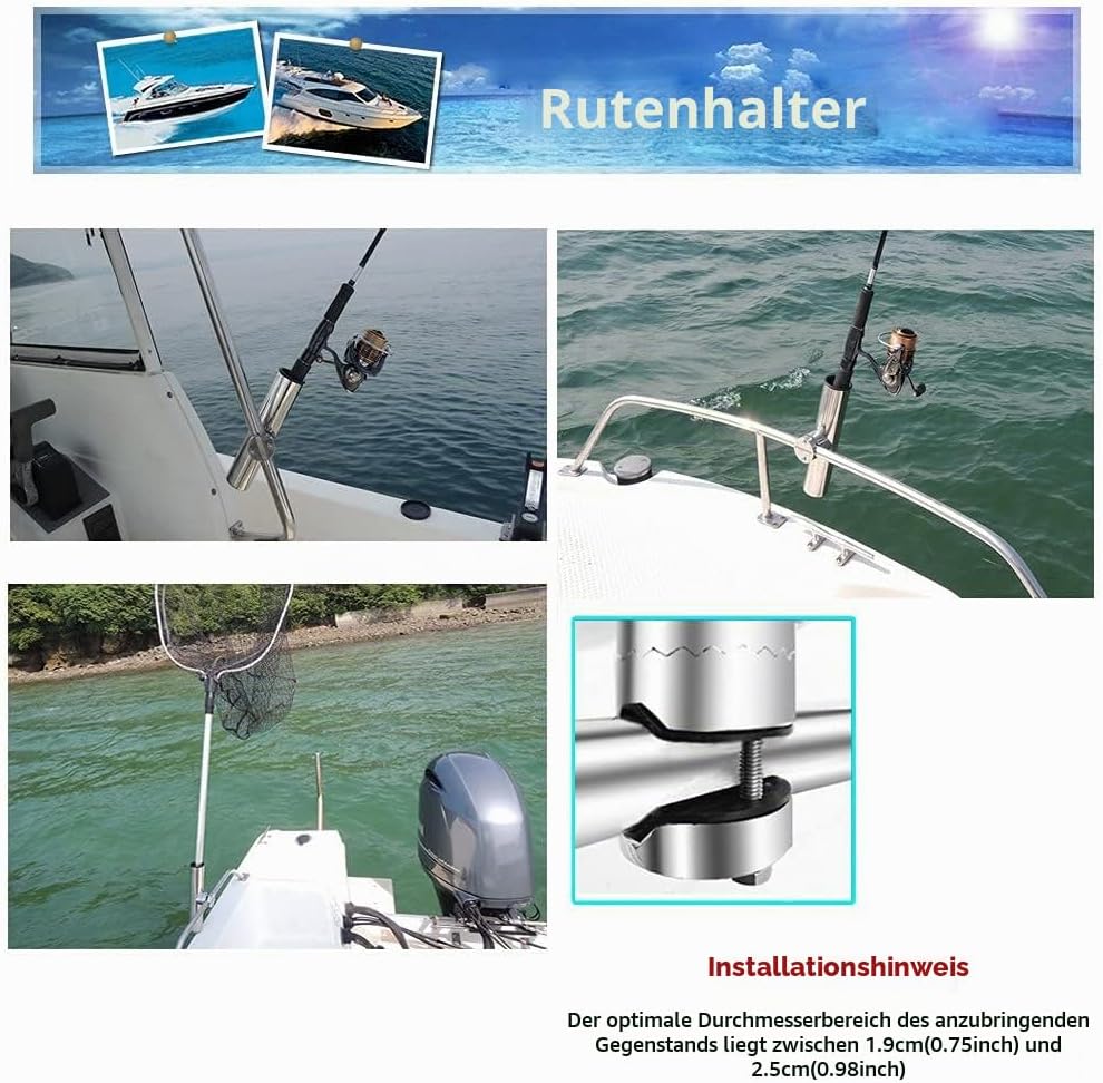 AMYSPORTS Rutenhalter Edelstahl auf Angelrutenhalter für Schienen 3/4" bis 1" 19mm bis 25mm
