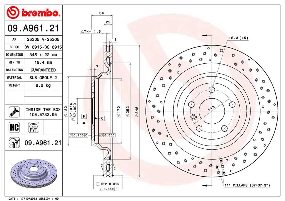 Brembo 09.A961.21 Hintere Bremsscheibe mit UV Lackierung, Anzahl 2