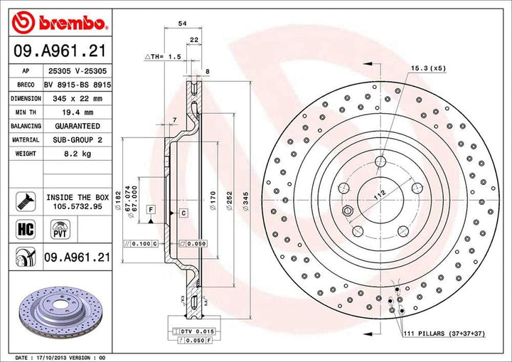 Brembo 09.A961.21 Hintere Bremsscheibe mit UV Lackierung, Anzahl 2