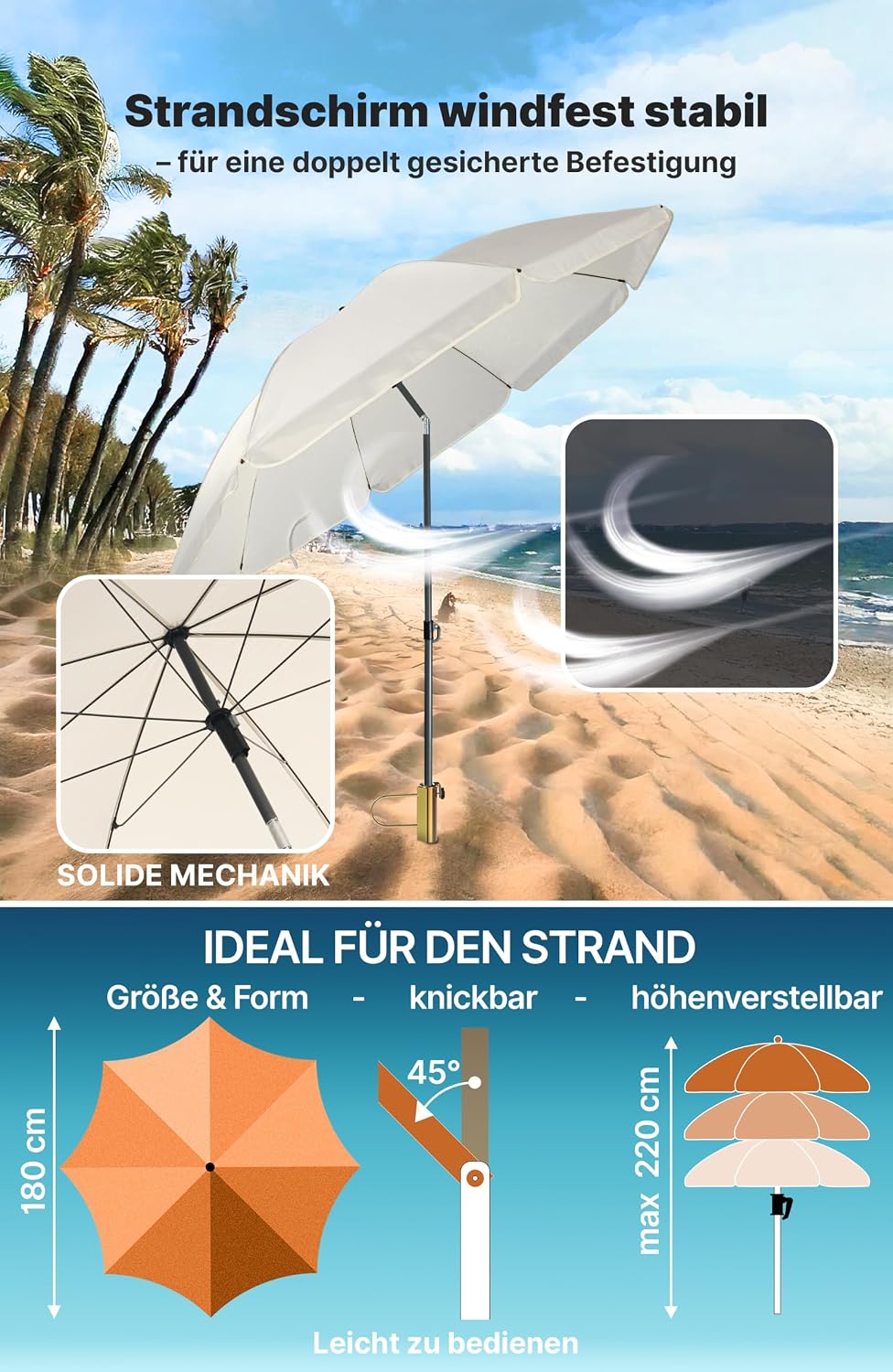 4smile Sonnenschirm Strand Ø 180 cm, 3er Set – Strandschirm windfest stabil + Schirmhülle + Rasendor