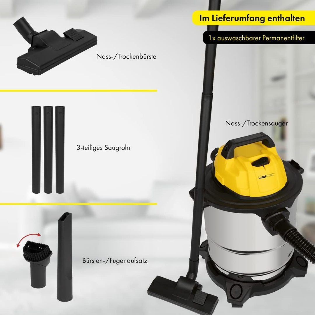 Clatronic Nass Trockensauger 3in1 Trockensauger Nasssauger und Gebläsefunktion, 20L Tank, extra lang