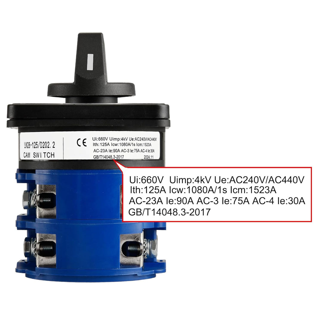 Heschen Drehwechsel-Nockenschalter, LW28-125/D202.2, 125A 660VAC, 2 Phasen, ON/OFF/ON 3 Positionen,