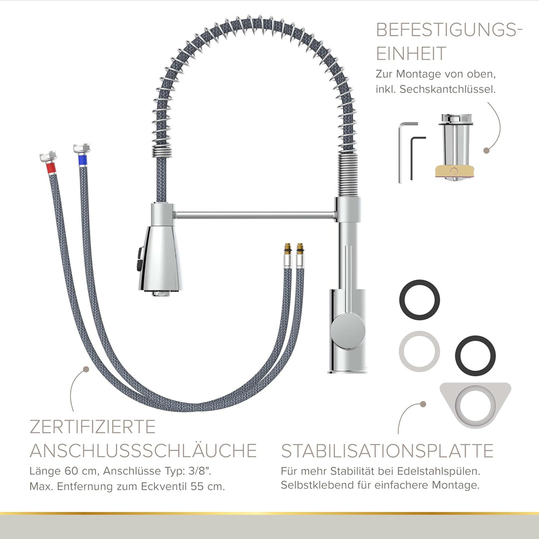 Lenz Küchenarmatur KALANI² in Chrom – flexible Geschirrbrause mit 2 Strahlarten – komfortable EasyFi