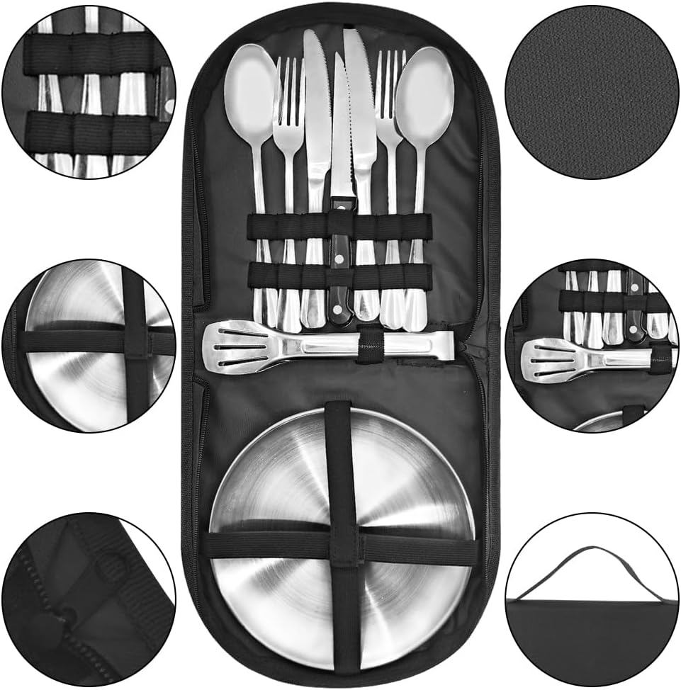 Camping Geschirr 2/4 Personen, 11/21PCS Camping Zubehör Camping Besteck Set Edelstahl Picknick Zubeh