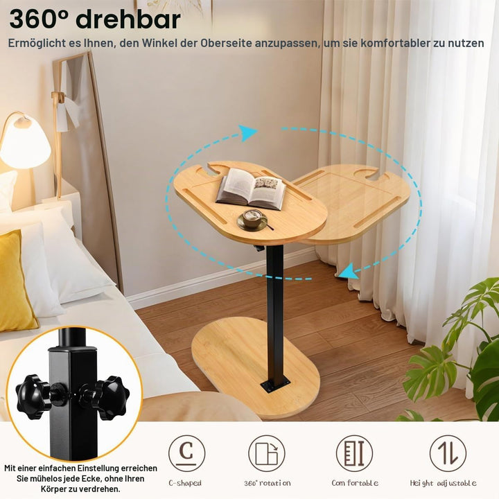 Beistelltisch C Form Höhenverstellbar 40-80cm Kleiner Couchtisch 360°Rotierend Bambus Mobiler Kaffee