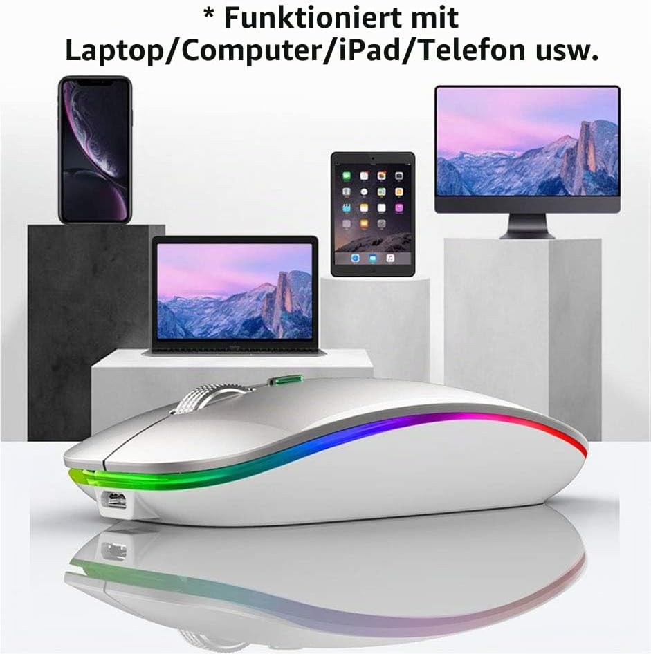Uiosmuph Bluetooth Maus Kabellose, LED Funkmaus wiederaufladbar Leise Wireless Mouse 2.4GHz Kabellos