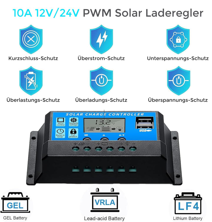 Schwarz 50W Flexibles Solarpanel Kit Set 12V Monokristallines Solarmodul+10A 12V/24V Solarladeregler