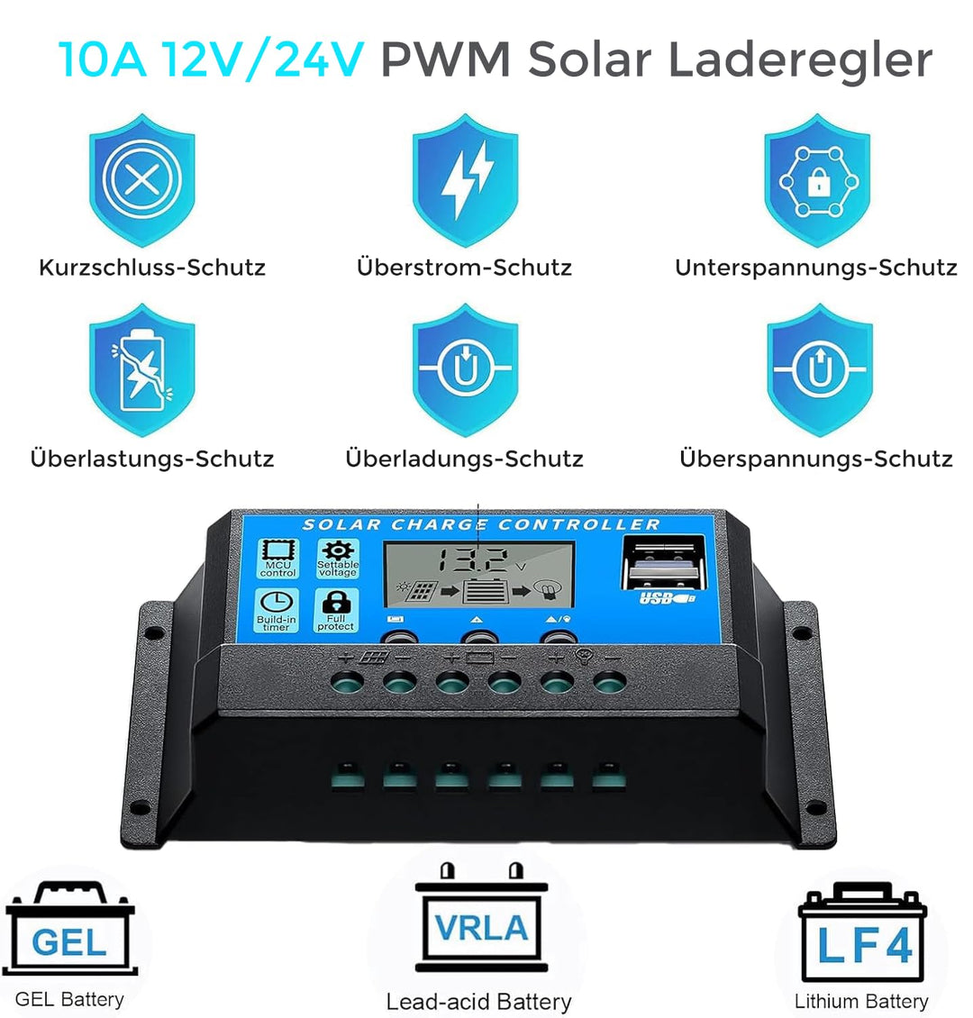 50W Solarpanel Kit Solar Set 12V, Monokristallines Solarmodul+10A 12V/24V Solarladeregler+Solarkabel