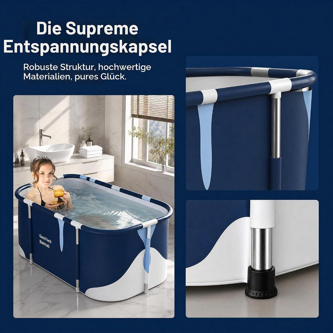 Faltbare Badewanne 140 cm, 6-lagige Isolierung, Ablauf unten/seitlich, inkl. aufblasbare Kissen - fü