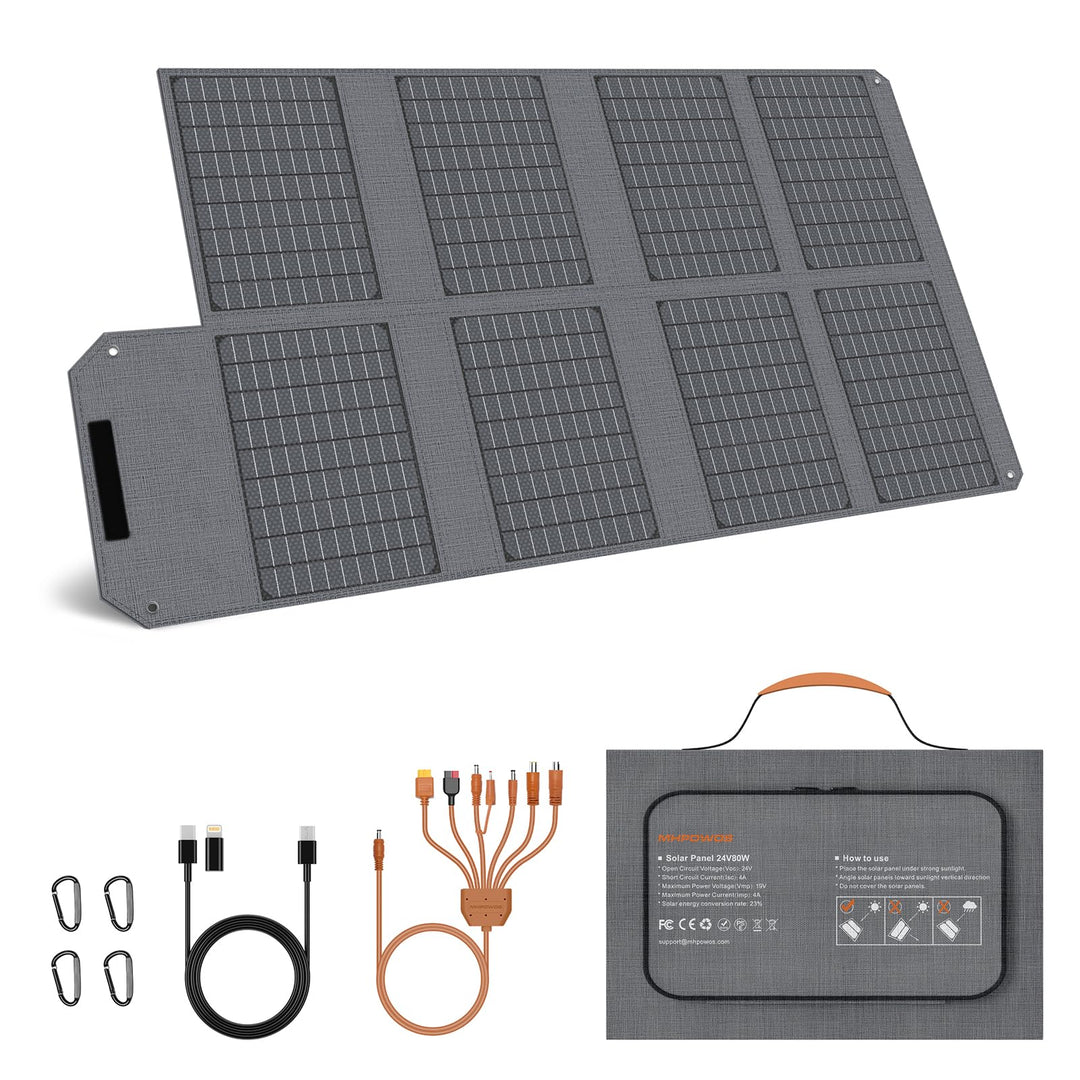 80W Tragbares Solarpanel, 19V Faltbares Solarladegerät mit USB C, USB A und DC Ausgängen, IP65 wasse