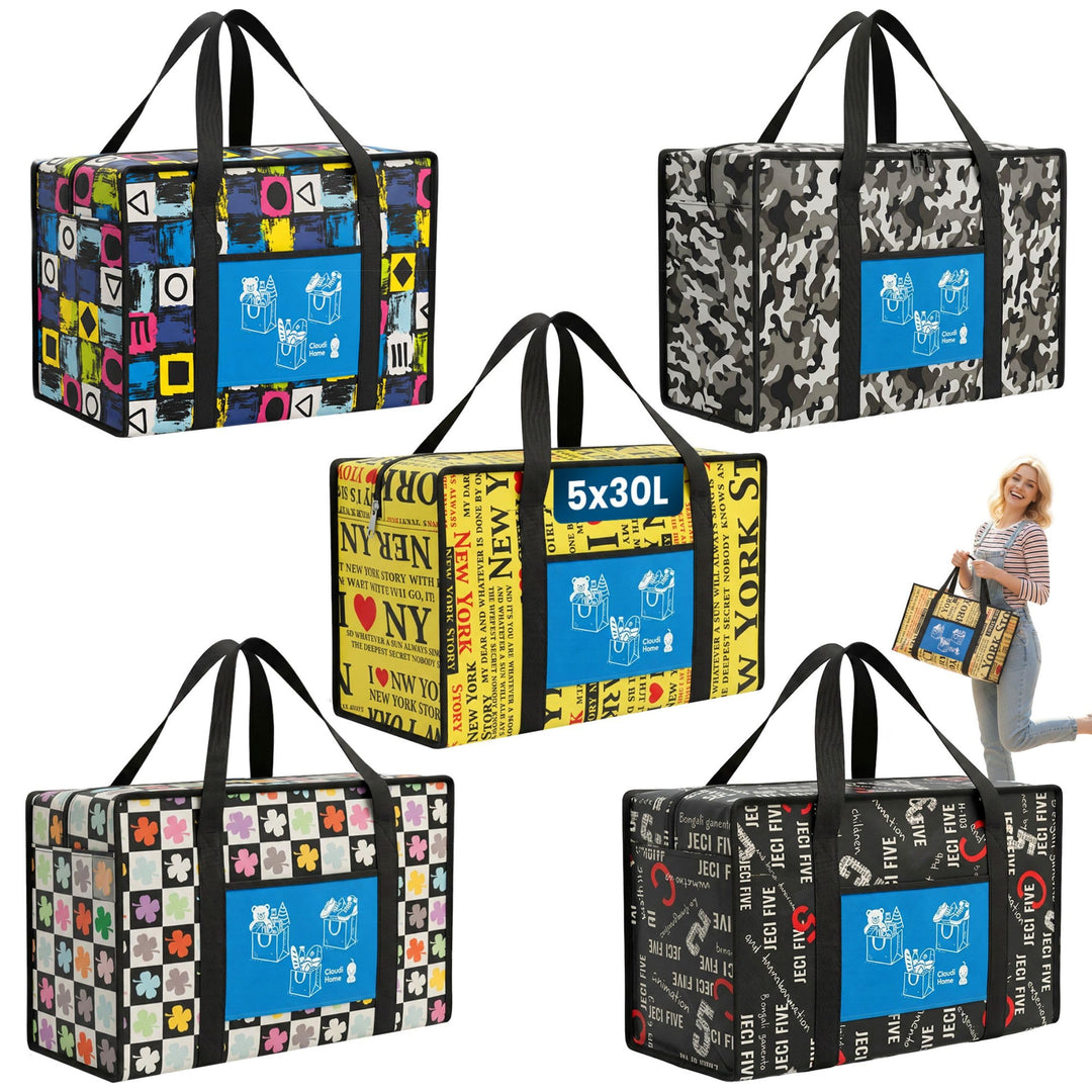 5er-Set Einkaufstaschen (5x30L) mit Reissverschluss & Vordertasche, extrem strapazierfähige & wieder