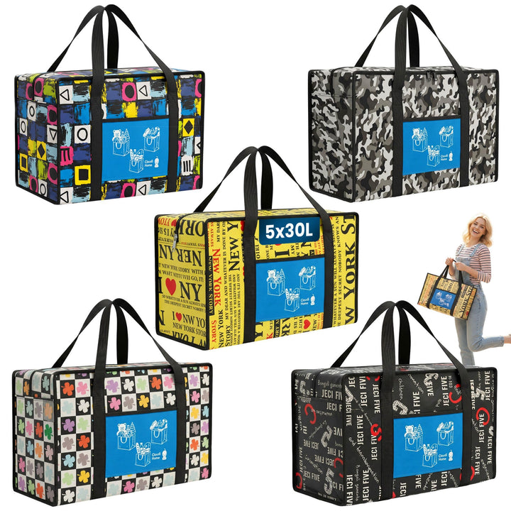 5er-Set Einkaufstaschen (5x30L) mit Reissverschluss & Vordertasche, extrem strapazierfähige & wieder