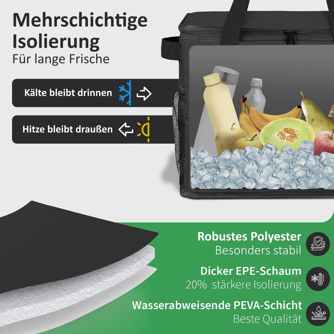 Faltbare Kühltasche Gross mit verstärktem Boden 30l – Grosse Isoliertasche faltbar mit starker Isoli