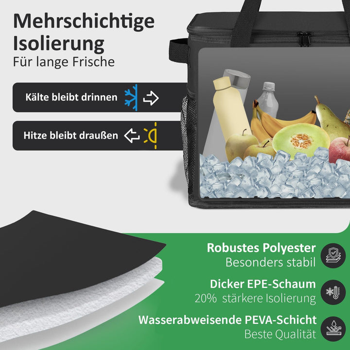 Faltbare Kühltasche Gross mit verstärktem Boden 30l – Grosse Isoliertasche faltbar mit starker Isoli