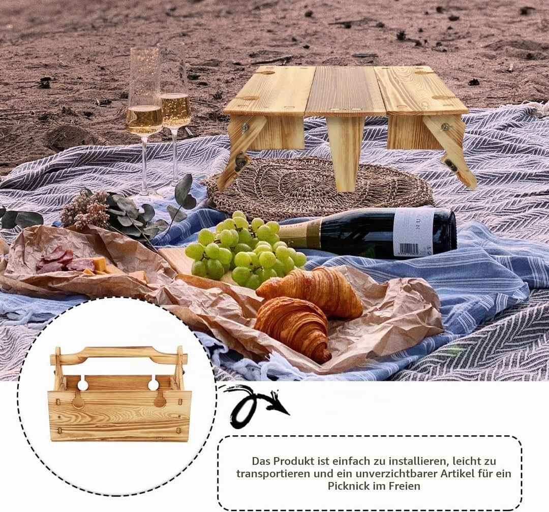 GANAZONO Klapptisch Korb Weinhalter Picknick Im Freien Picknickkorb Aus Holz Klappbarer Tisch Für De