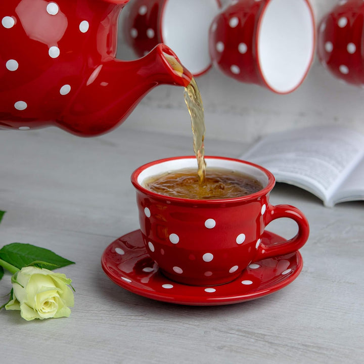 City to Cottage® - Keramik Kaffebecher Teetasse 350 ml | Rot und Weiss | Polka Dots | Handgemacht |