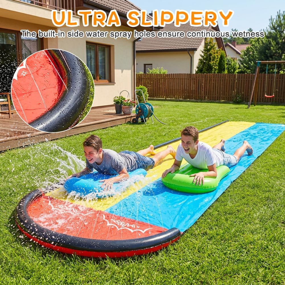 610cm/20ft Wasserrutsche Garten für Kinder, Wasserrutschmatte mit 2 Bodyboards, Doppelrutsche mit ei