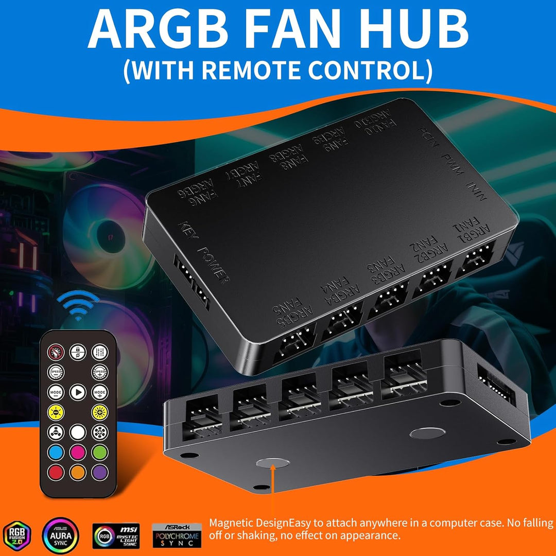 2-in-1 ARGB PWM Lüfter-Hub mit Controller, 10 x 4-Pin PWM Lüfter-Anschlüsse, 10 x 5V 3-Pin ARGB Port