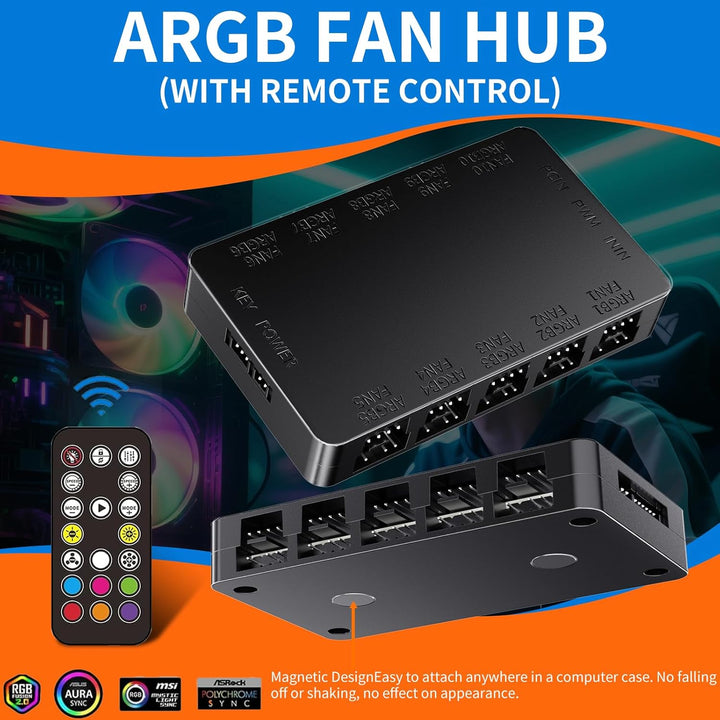2-in-1 ARGB PWM Lüfter-Hub mit Controller, 10 x 4-Pin PWM Lüfter-Anschlüsse, 10 x 5V 3-Pin ARGB Port