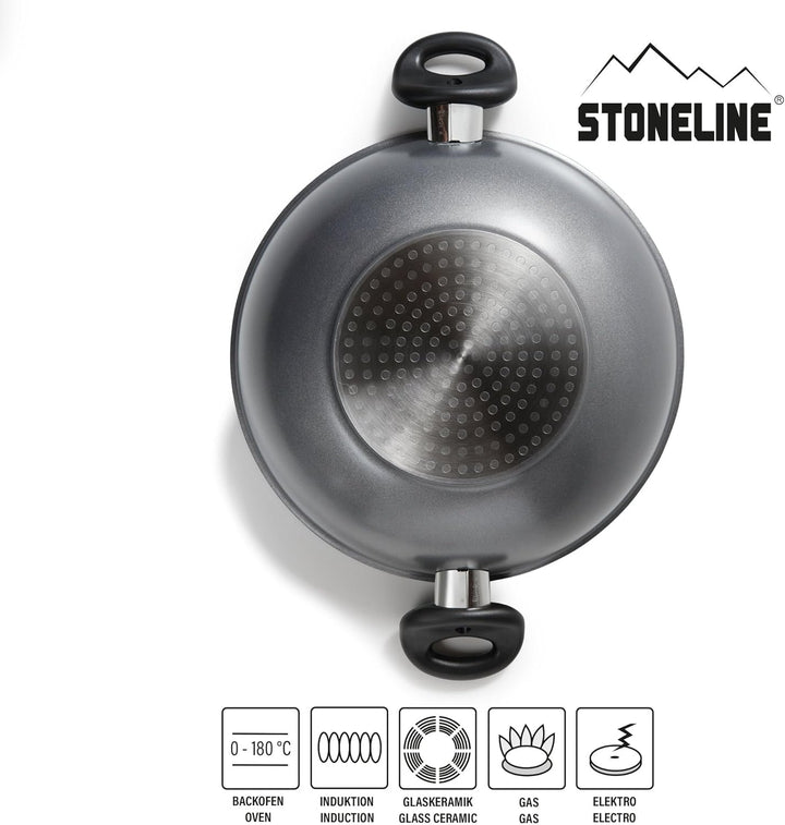 Stoneline Wok 28cm, mit Deckel, Aluguss, Wok Pfanne beschichtet mit echten Steinpartikeln, grau, ohn