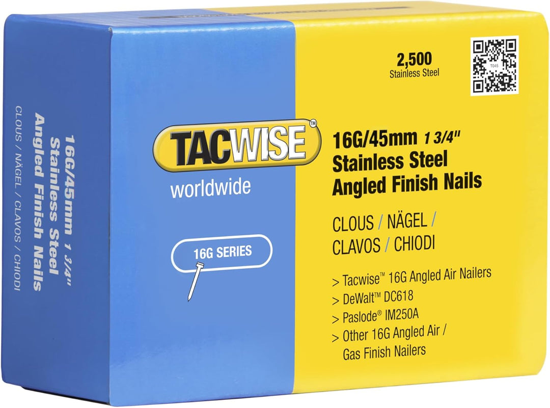 Tacwise Edelstahl-Nägel Gewinkelt 16G/45 mm, 2500 Stück, 0369, silber 2500 stück (1er Pack), 2500 st