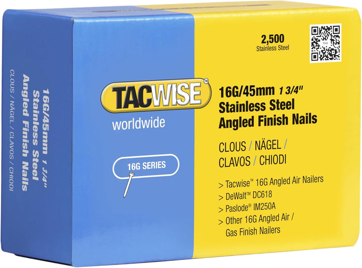 Tacwise Edelstahl-Nägel Gewinkelt 16G/45 mm, 2500 Stück, 0369, silber 2500 stück (1er Pack), 2500 st