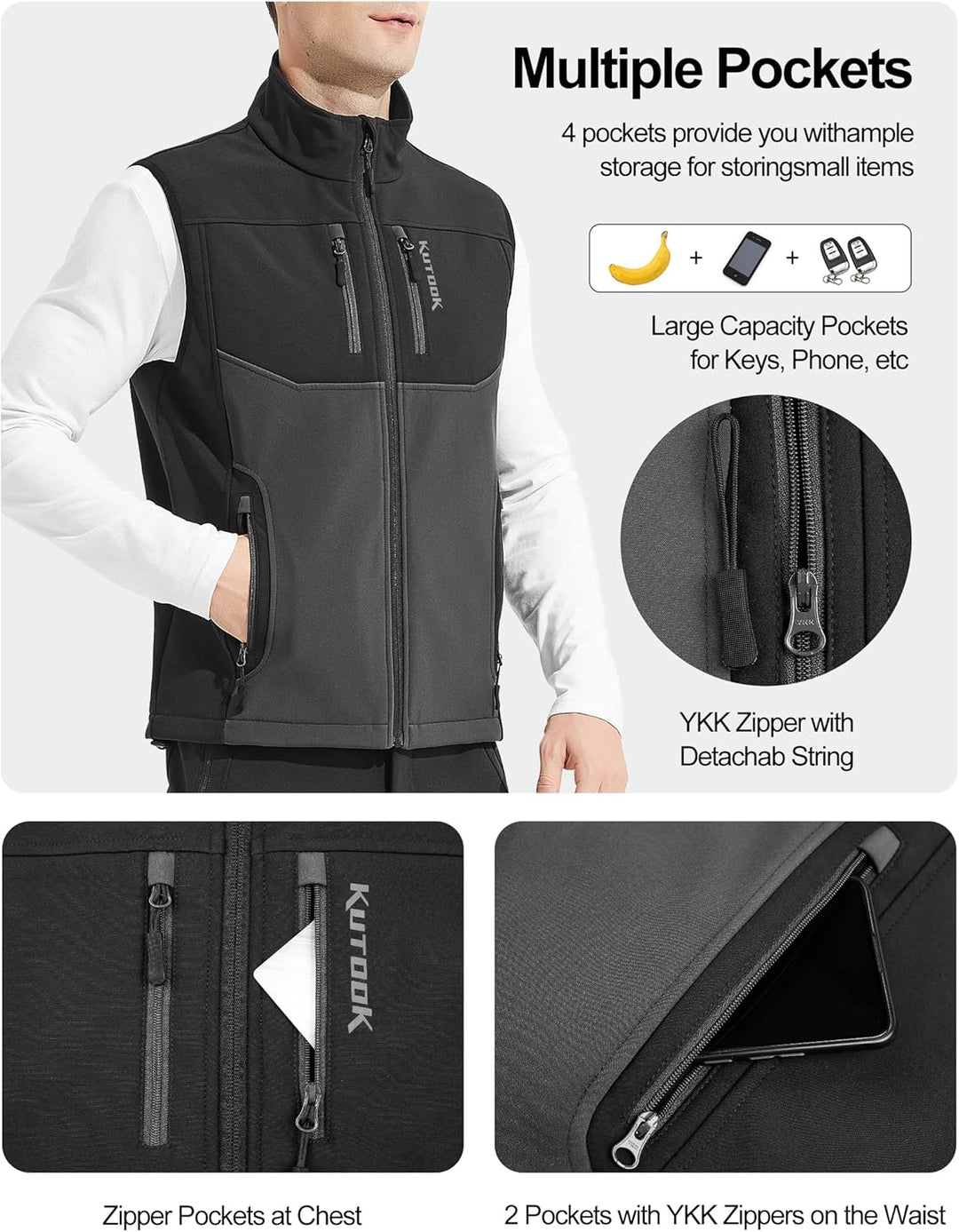KUTOOK West Herren outdoor mit vier Taschen Softshell Ärmellose Jacke winddicht wasserdicht warm Mul