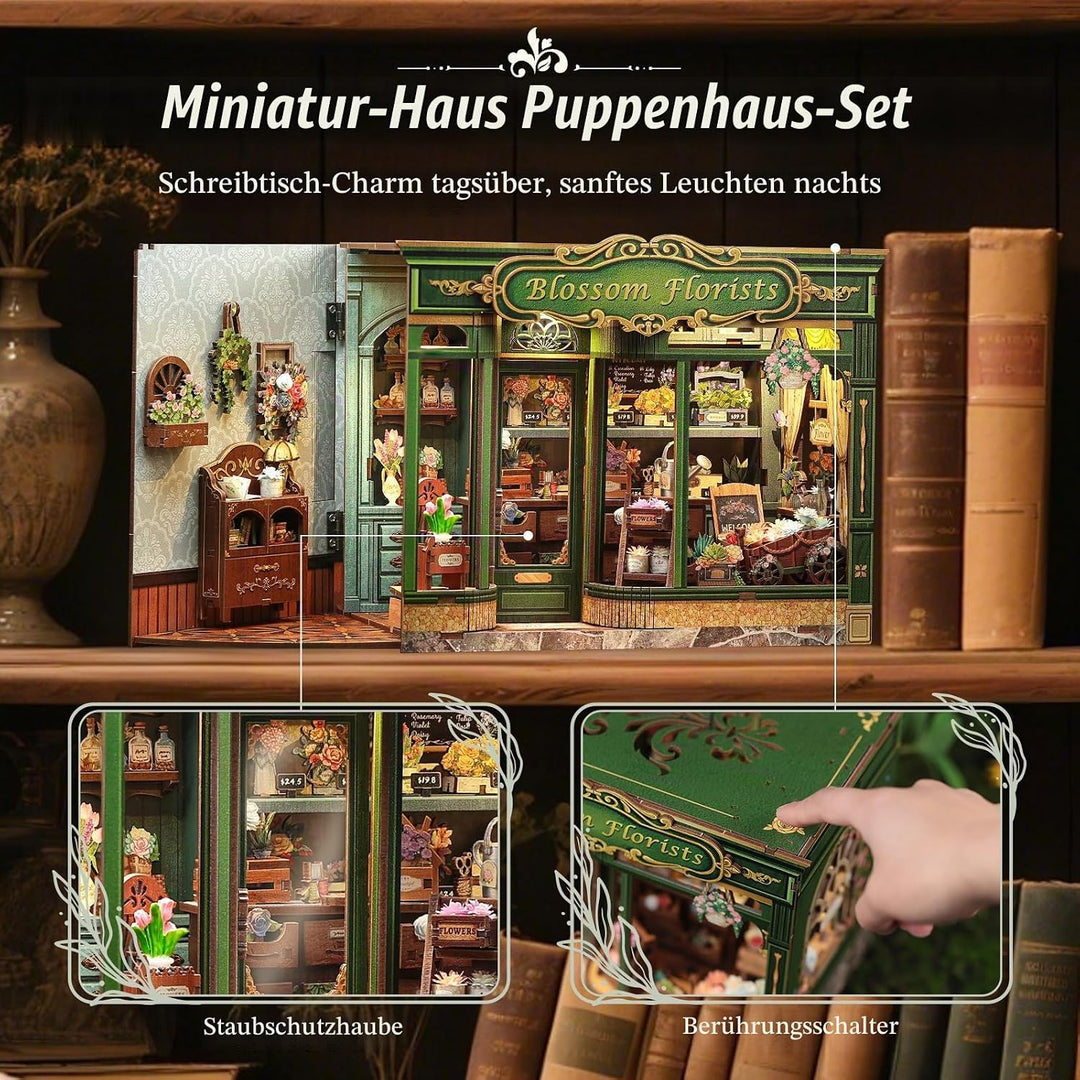 3D-Holz-Miniaturhaus mit LED – dekoratives Bücherregal-Deko, Selbstbau-Puzzle für Erwachsene, kreati