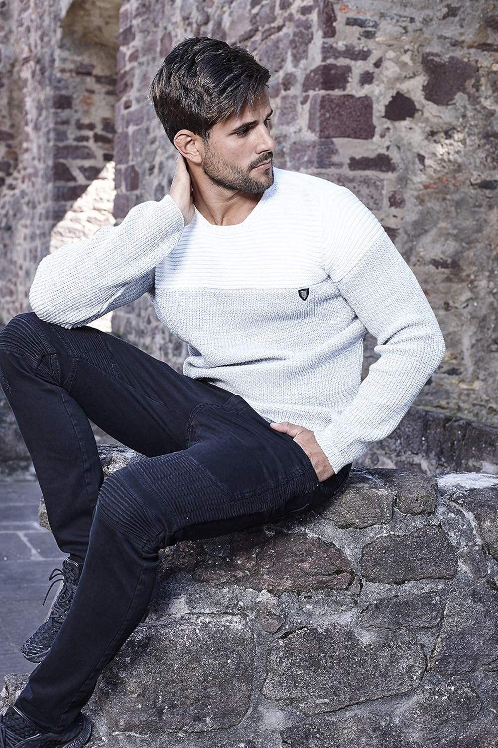 Karl´s People Herren Strick-Pullover Rundhals mit Logopatch | Männer Winter-Pullover |stylischer Her