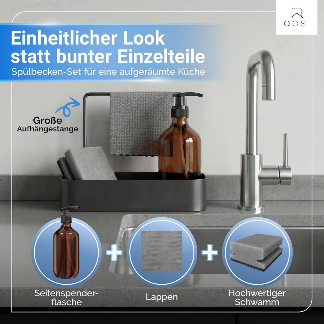 Spülbecken Organizer schwarz aus rostfreiem Edelstahl | Spüle Organizer mit Schwammhalter, Spüllappe