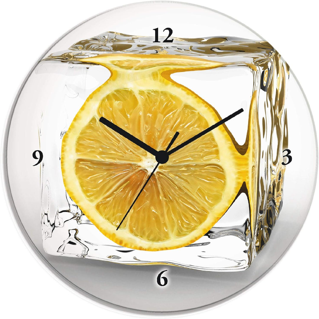 ARTLAND Wanduhr ohne Tickgeräusche Glas Quarzuhr Ø 30 cm Rund Lautlos Obst Früchte Zitrone im Eiswür