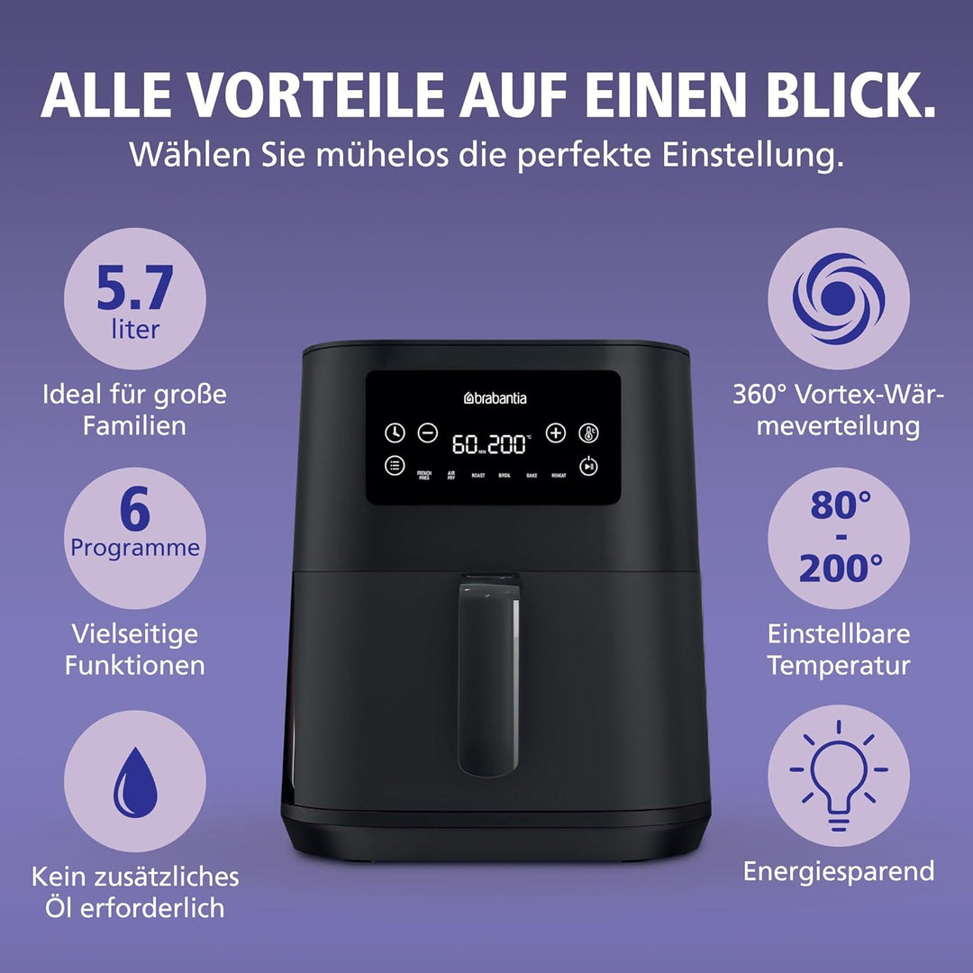 Brabantia Airfryer XXL, 5,7 Liter, 1700 Watt, 80–200°C, für 5 Personen, 6 Kochprogramme, Digitaler T
