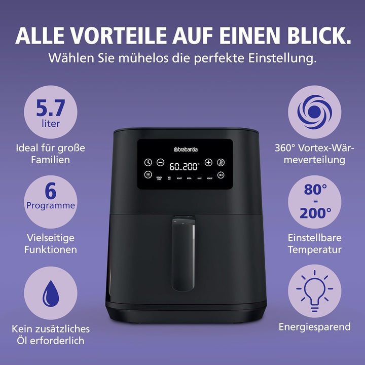 Brabantia Airfryer XXL, 5,7 Liter, 1700 Watt, 80–200°C, für 5 Personen, 6 Kochprogramme, Digitaler T