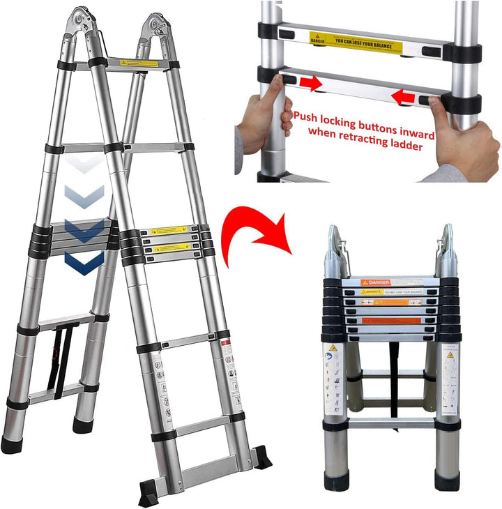 Teleskopleiter 5m Klappleiter Edelstahl Leiter, 2 in 1 Angegeleiter mit Stabilisator, Rutschfester S