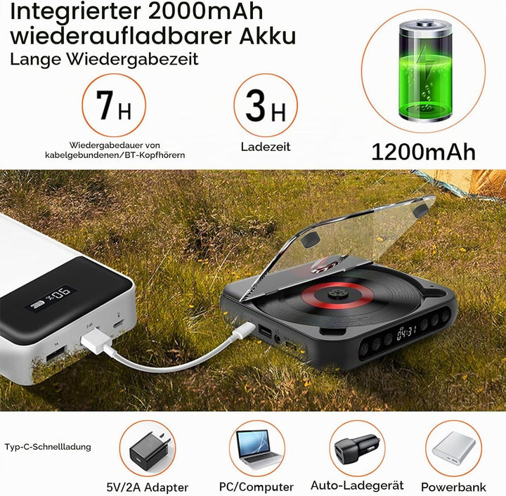 Kavolet Tragbarer CD-Player Walkman BT-Musik-Player, CD-Spieler mit staubdichter Abdeckung, Inklusiv