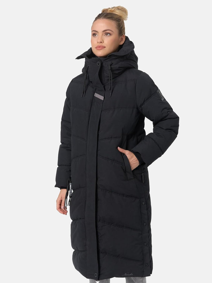 Navahoo Damen Wintermantel Warmer Steppmantel lang mit Kapuze Kuschelmausi S-XXL S Schwarz, S Schwar