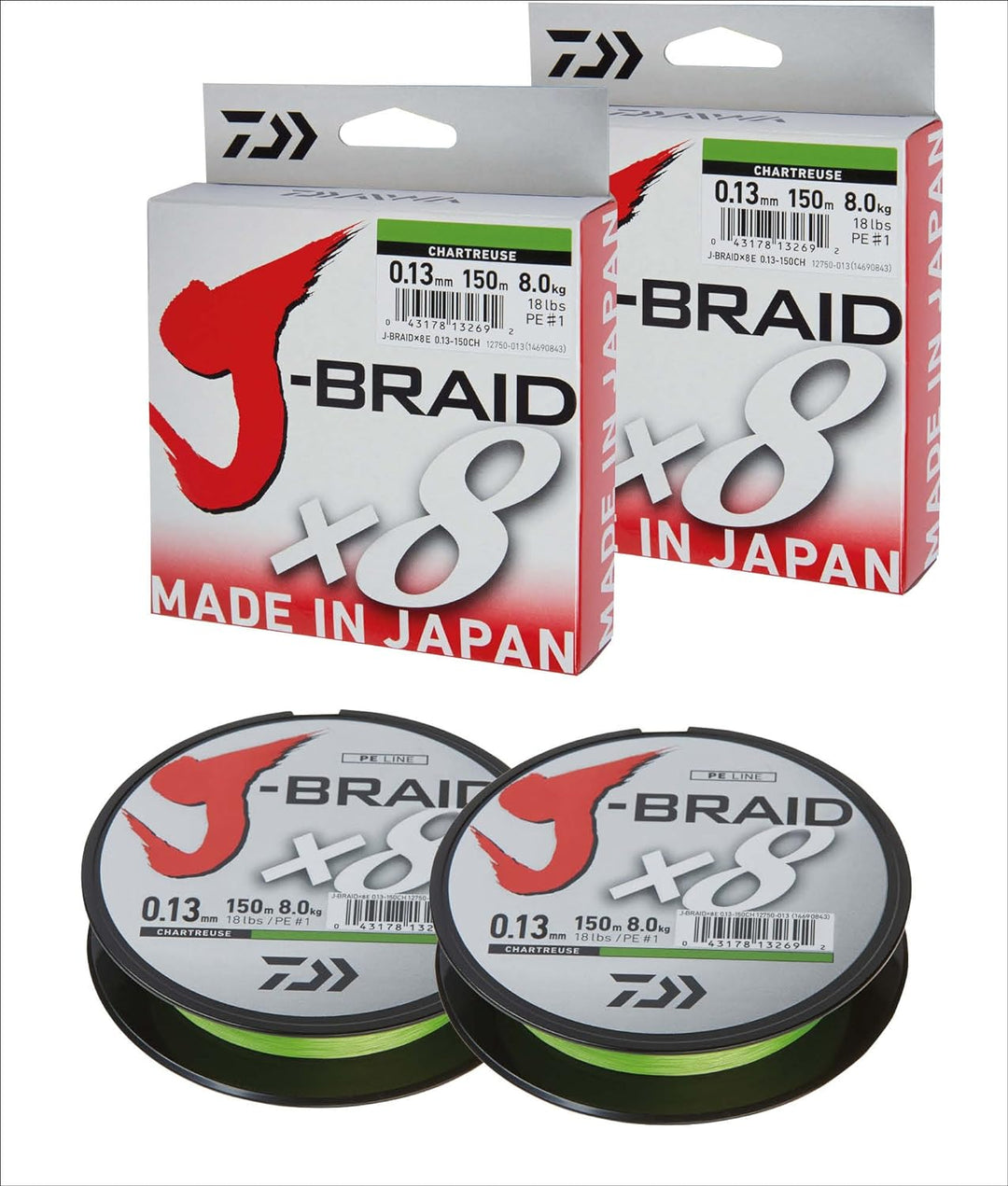Daiwa J-Braid 8 Braid 150 m Chartreuse geflochtene Angelschnur, 2 Stück Dm: 0,06 mm, Dm: 0,06 mm
