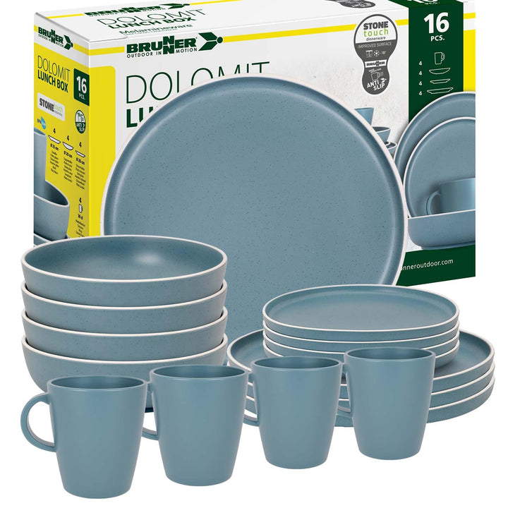 BRUNNER: Melamin Geschirr-Set Camping | 16-Teilig - Teller & Kaffe-Becher für 2-4 Personen | DOLOMIT
